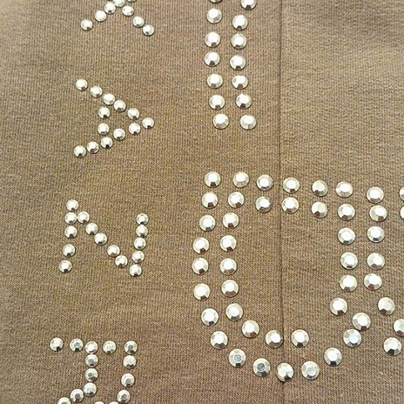 BCBGMaxAzria Lounge Pants Sz S Sparkle Studs Beads Letters TAUPE TAN - Picture 2 of 14